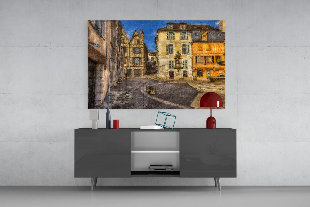 Medieval Square panel catching warm light to reveal its painterly cobalt sky