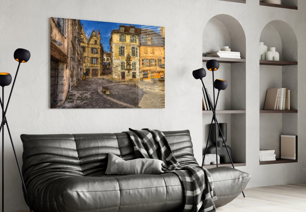 Medieval Square glass wall art styled above a sofa in a heritage living room