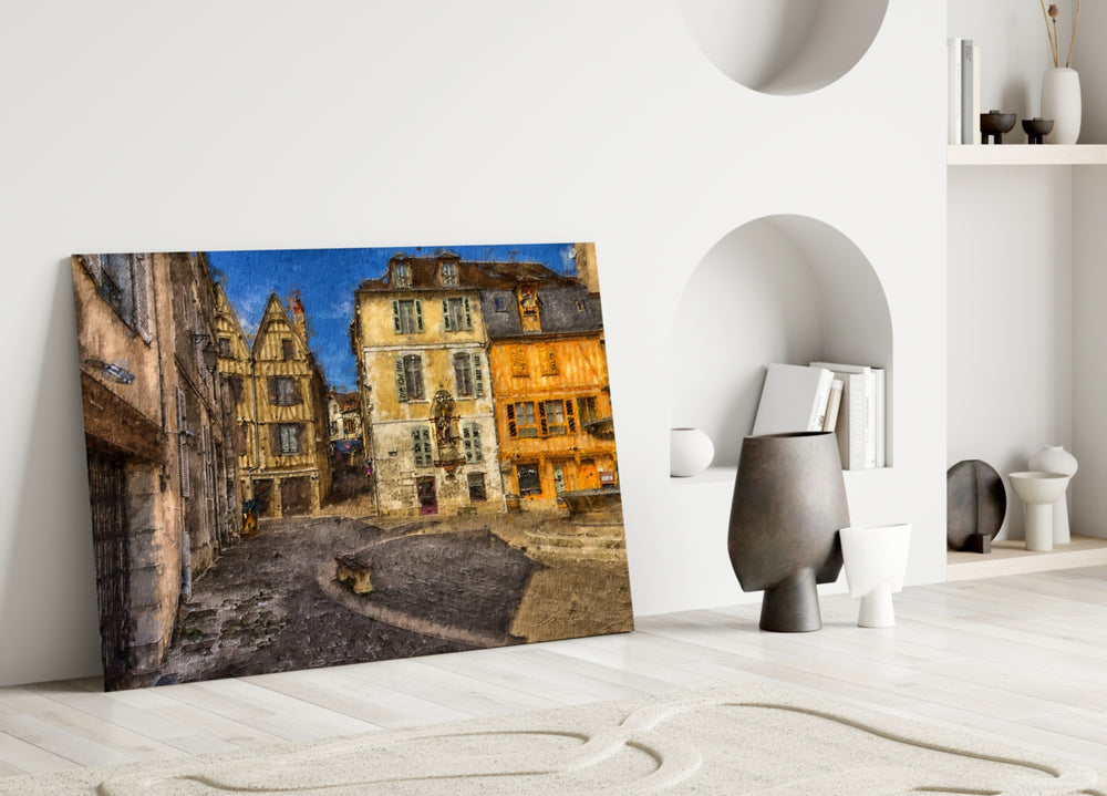 Close-up detail of half-timbered houses and Renaissance fountain in oil-texture