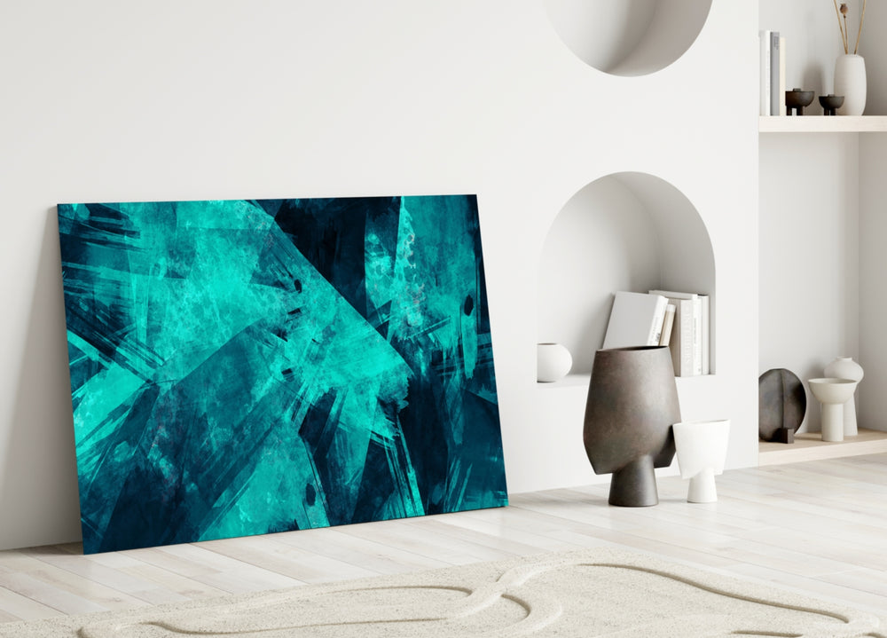 Close-up detail of jagged turquoise brushstrokes overlapping on navy
