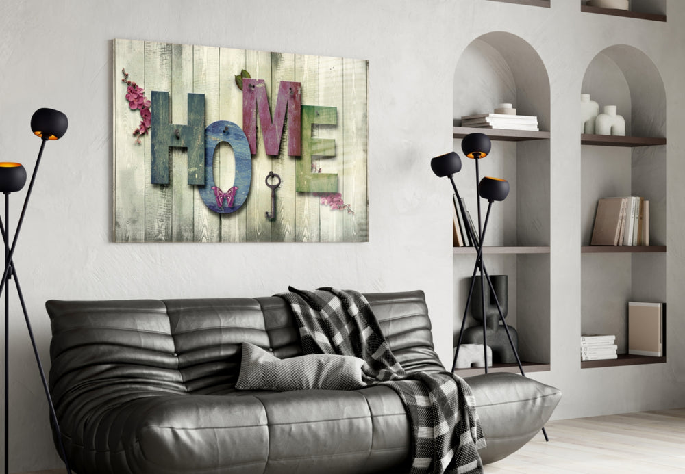 Home glass wall art styled in an entryway with welcome mood