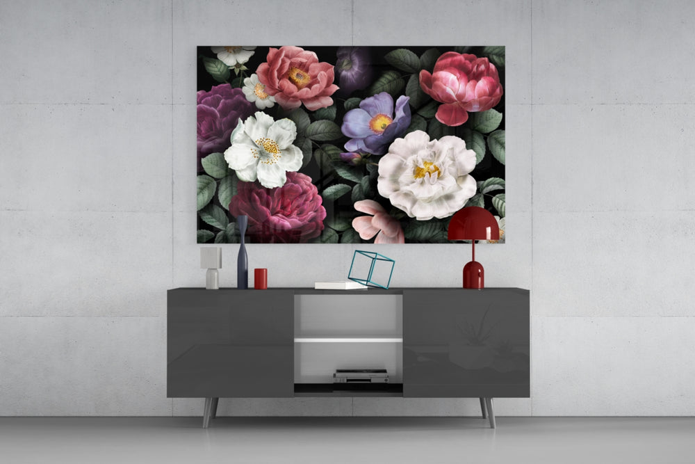 Floral panel catching low light to reveal its painterly bouquet