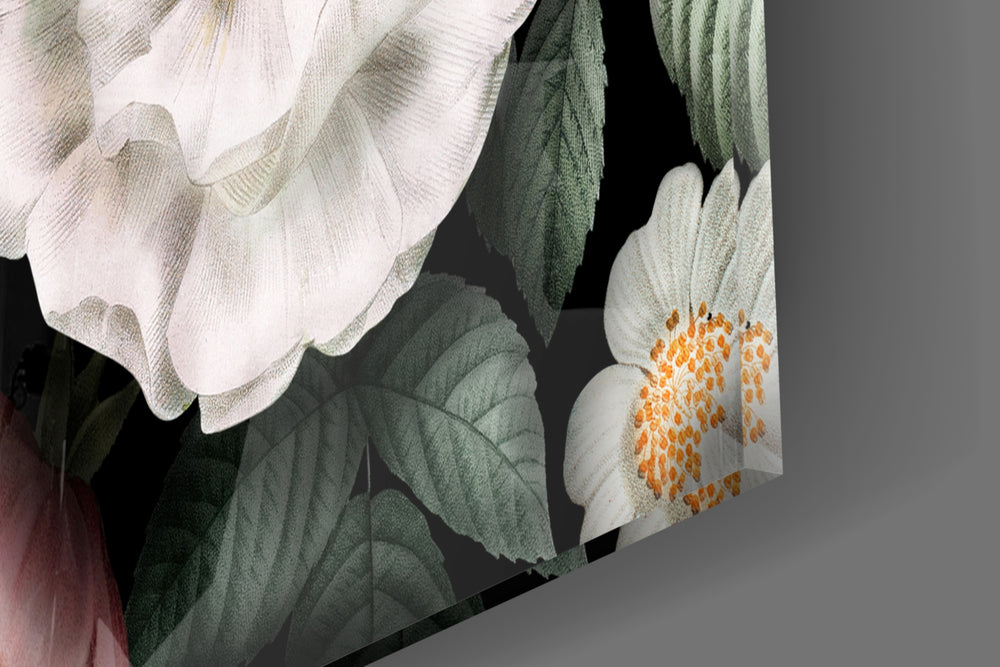 Floral artwork anchoring a romantic-themed wall in moody palette