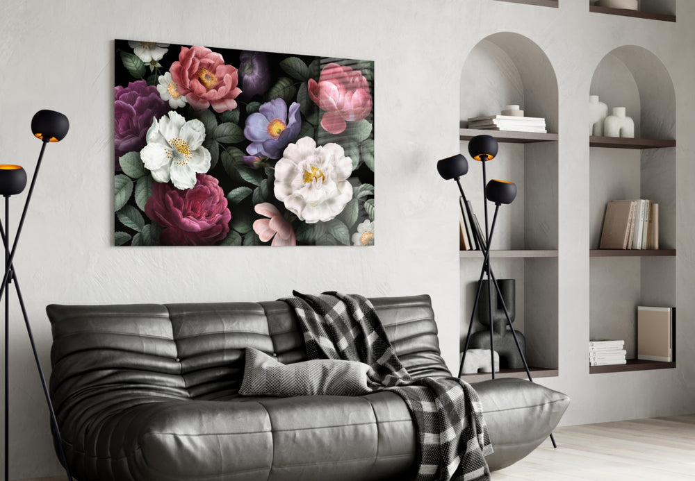 Floral glass wall art styled above a sideboard in a dining room