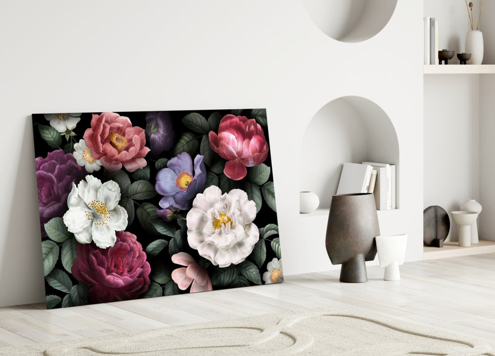 Close-up detail of coral peony beside violet anemone and white rose