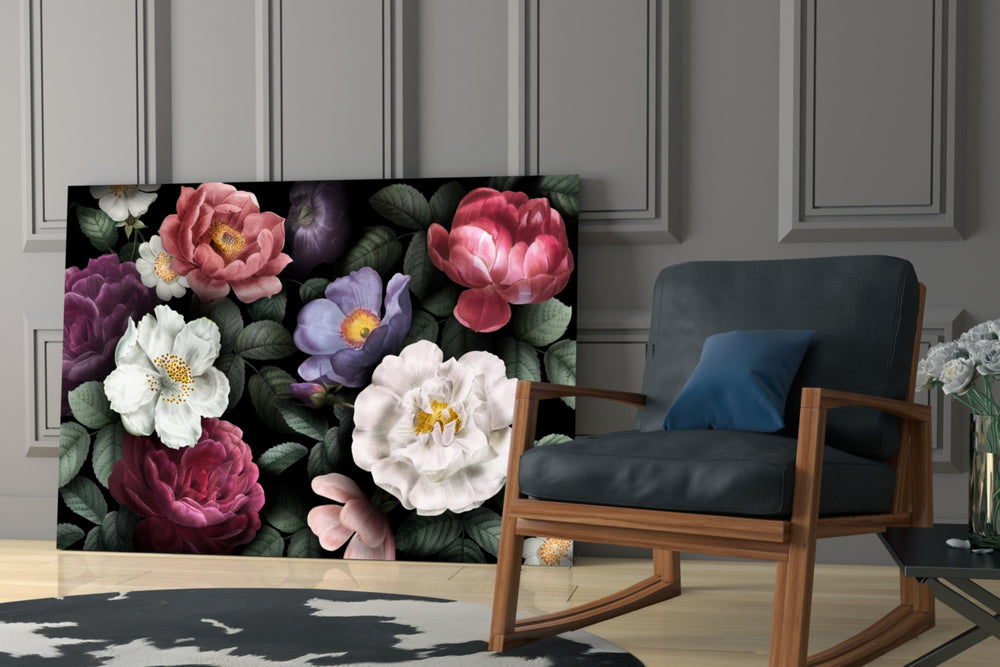 Floral glass print enhancing a hallway with quiet drama