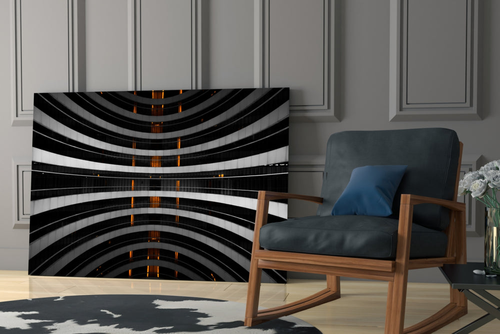 Interesting Architectural glass print enhancing a hallway with cathedral drama
