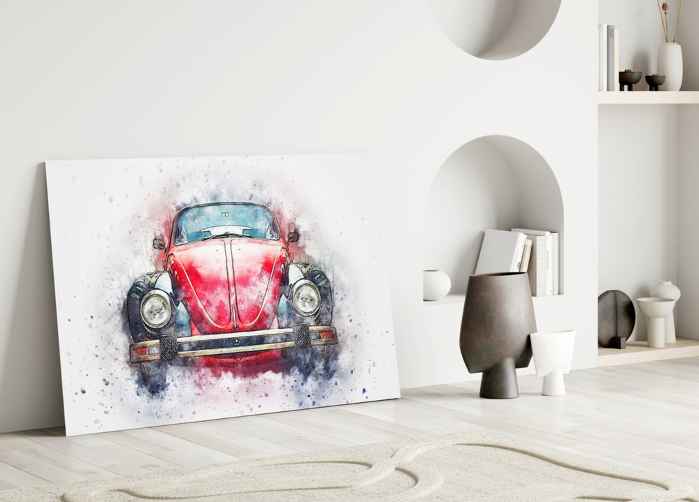 Close-up detail of scarlet VW Beetle with red-and-blue watercolor splatter