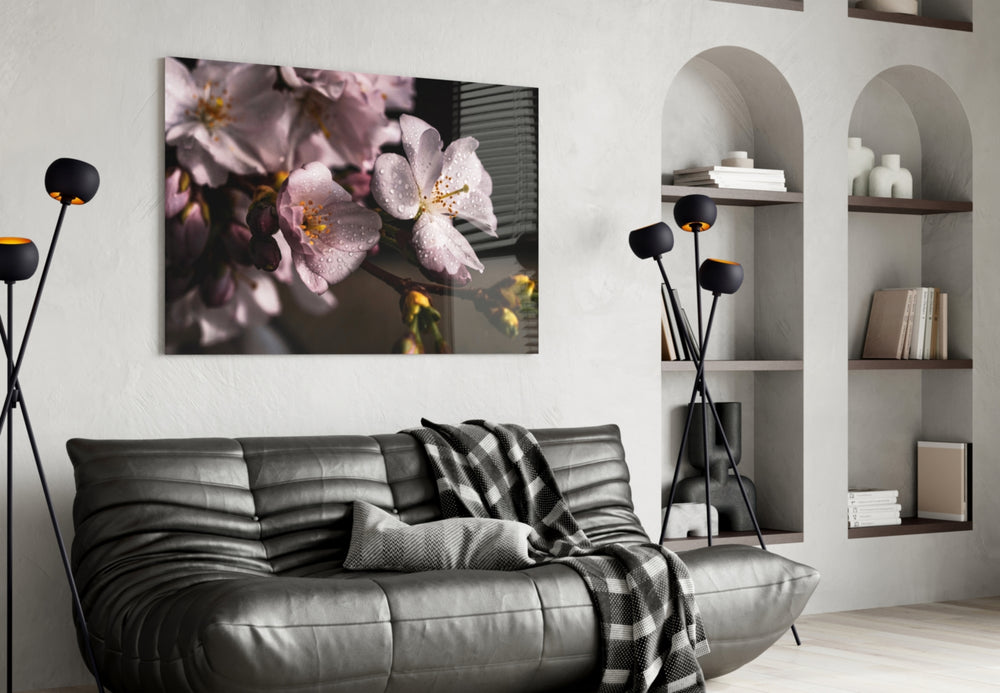 Macro Flower glass wall art styled above a bed in an intimate bedroom