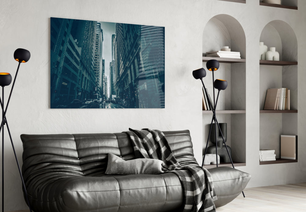 New York City glass wall art styled in an executive office