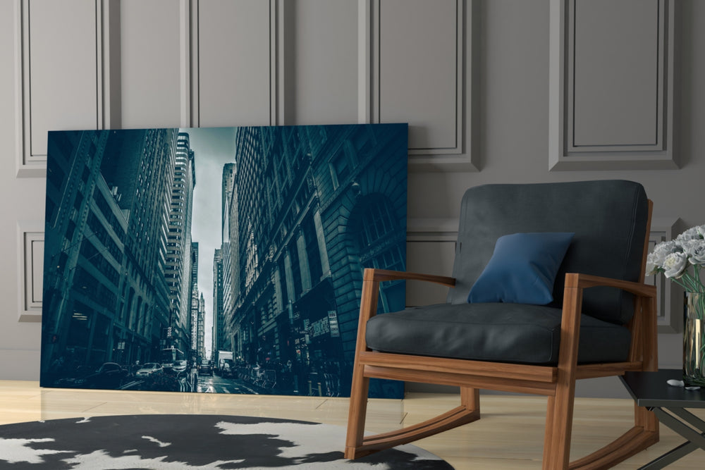 New York City glass print enhancing a hallway with vanishing-point drama