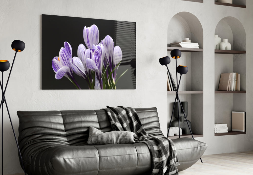 Purple Flowers glass wall art styled above a bed in an intimate bedroom