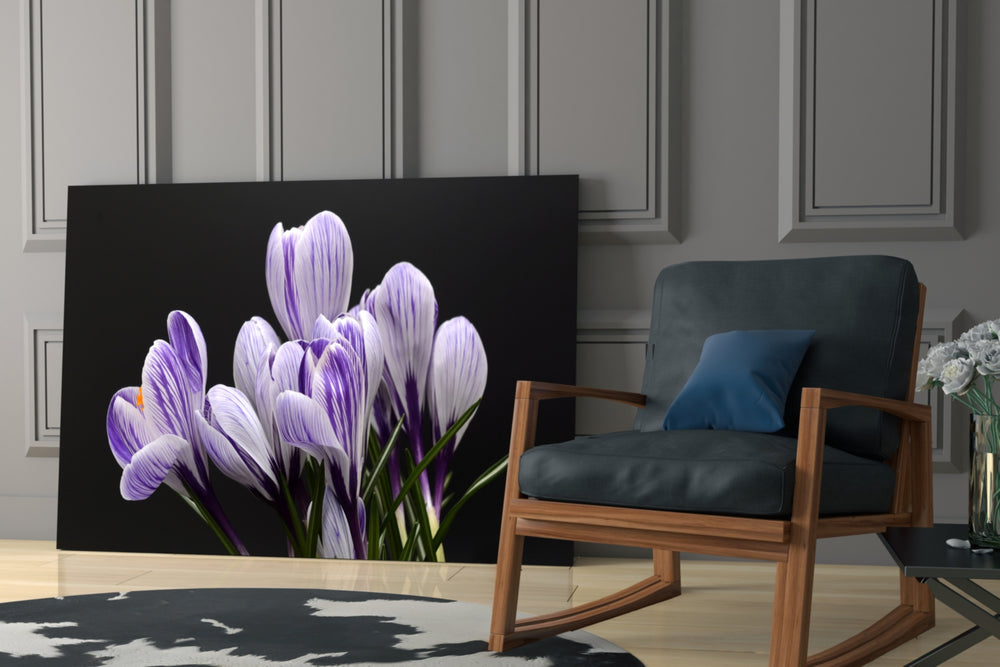 Purple Flowers glass print enhancing a hallway with quiet drama