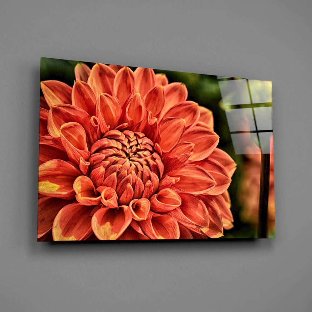 Orange dahlia panel bringing garden warmth to a contemporary living space