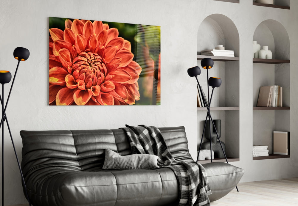 Orange Gerbera glass wall art styled in a sunroom with botanical pulse
