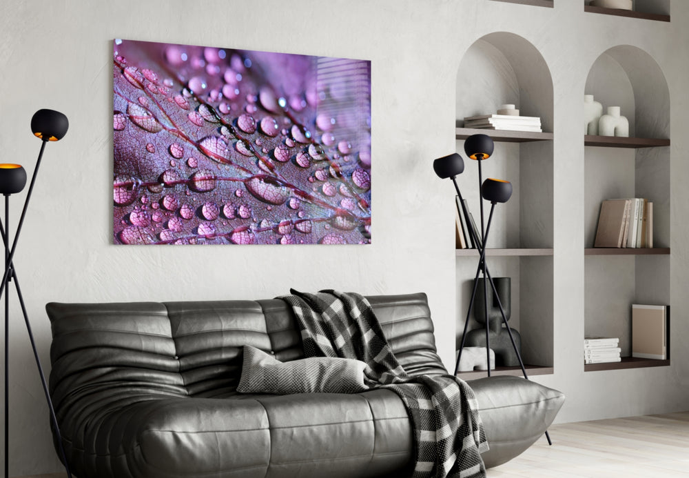 Purple Leaf glass wall art styled above a bed in an intimate bedroom