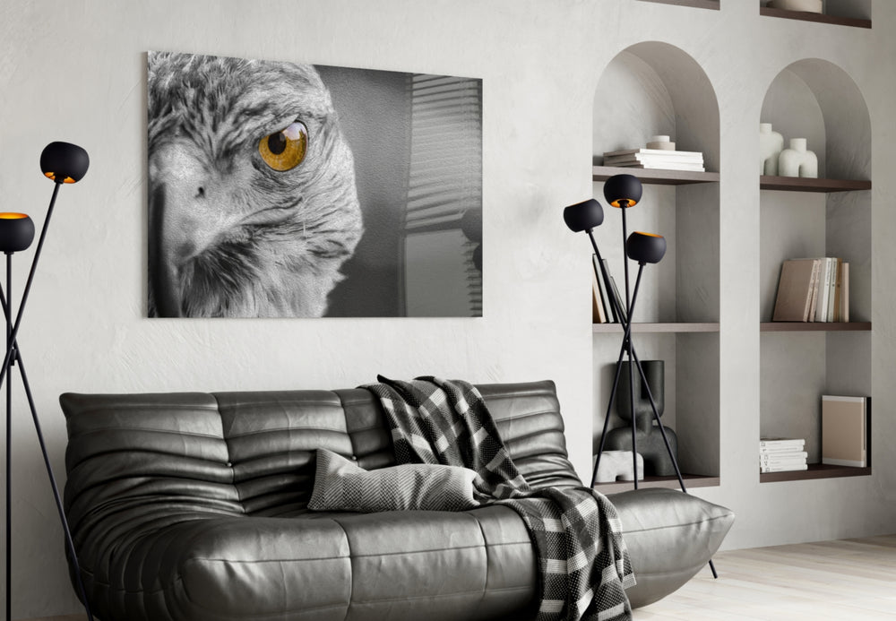 Falcon glass wall art styled above a desk in a predator-presence study