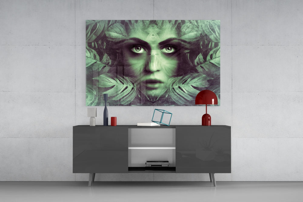 Tropical Leaf and Woman Portrait panel catching low light to reveal its hypnotic gaze