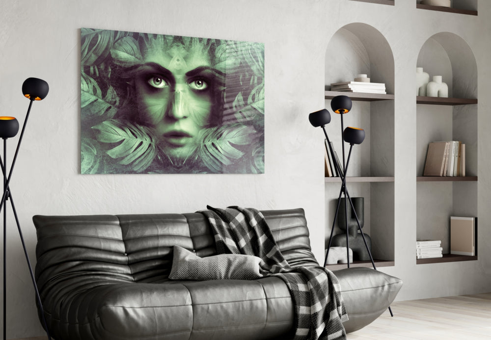 Tropical Leaf and Woman Portrait glass wall art styled in a creative studio