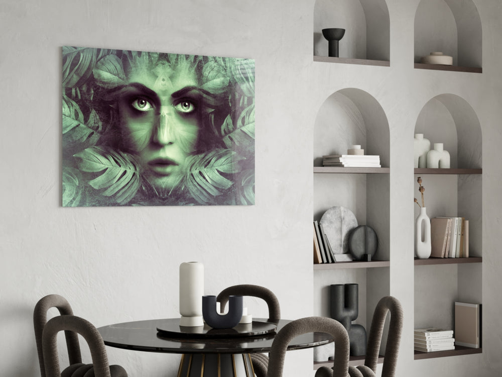 Tropical Leaf and Woman Portrait panel adding shamanic mood to a meditation space