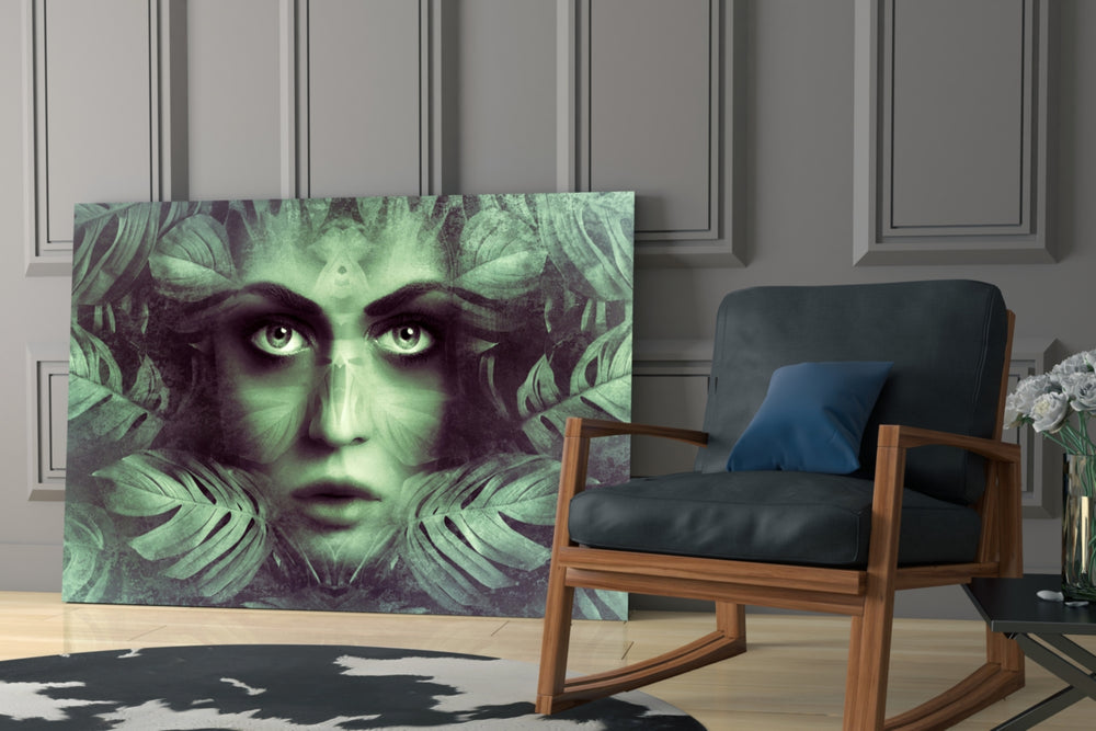 Tropical Leaf and Woman Portrait glass print enhancing a hallway with statement focal point