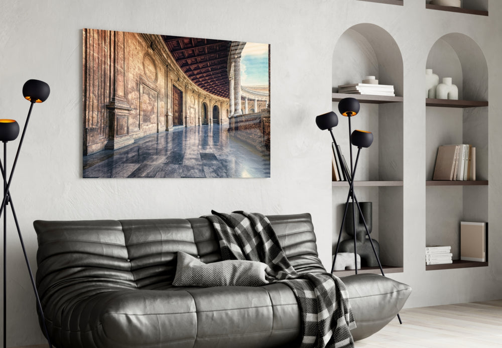 Baroque Building glass wall art styled above a desk in a travel-memory study