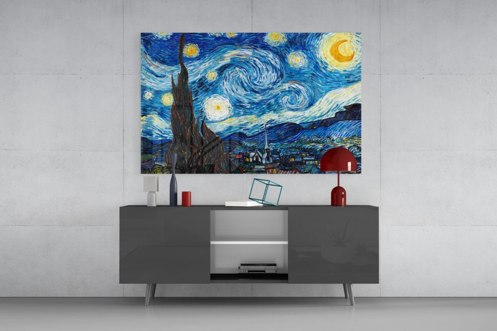 Van Gogh Starry Night panel catching warm light to reveal its swirling impasto