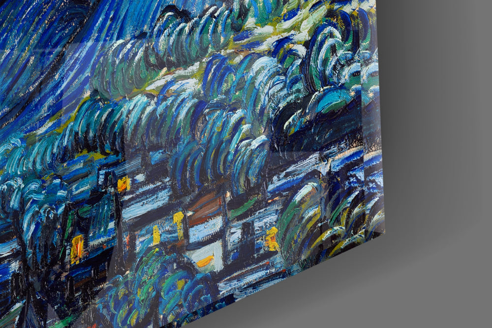 Van Gogh Starry Night artwork anchoring a fine-art-themed wall in warm palette