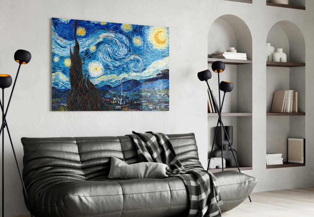 Van Gogh Starry Night glass wall art styled above a sofa in a collector living room