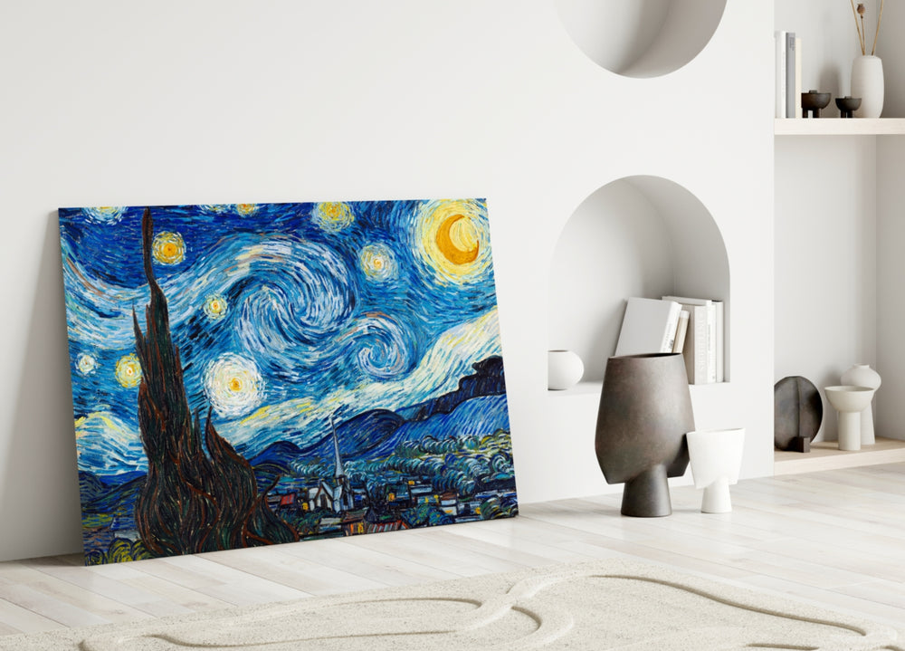 Close-up detail of swirling cobalt sky and crescent moon over the village