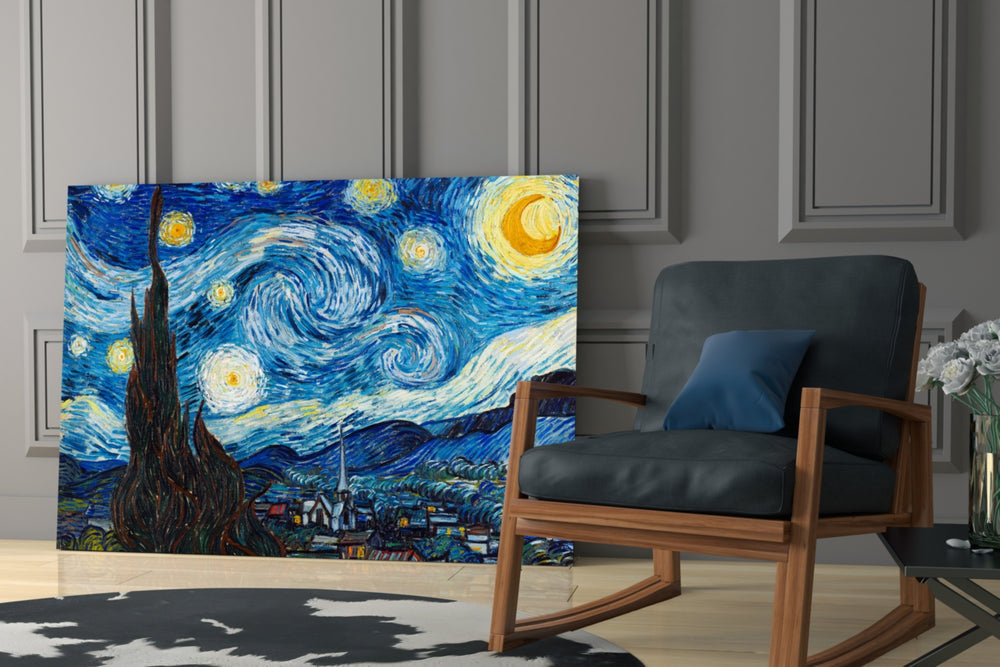 Van Gogh Starry Night glass print enhancing a hallway with iconic drama