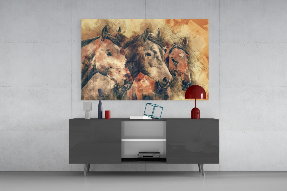 Horses panel catching warm light to reveal its painterly cross-hatching