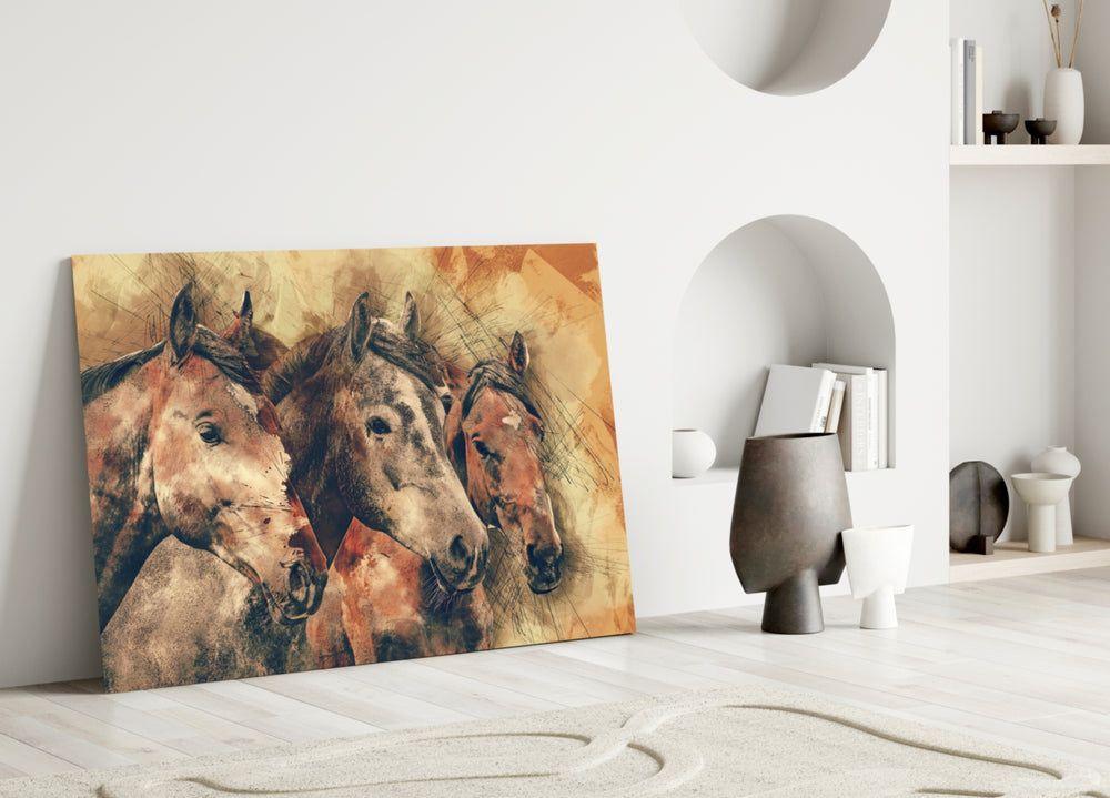 Close-up detail of three horse heads in chestnut-and-bay painterly sketch