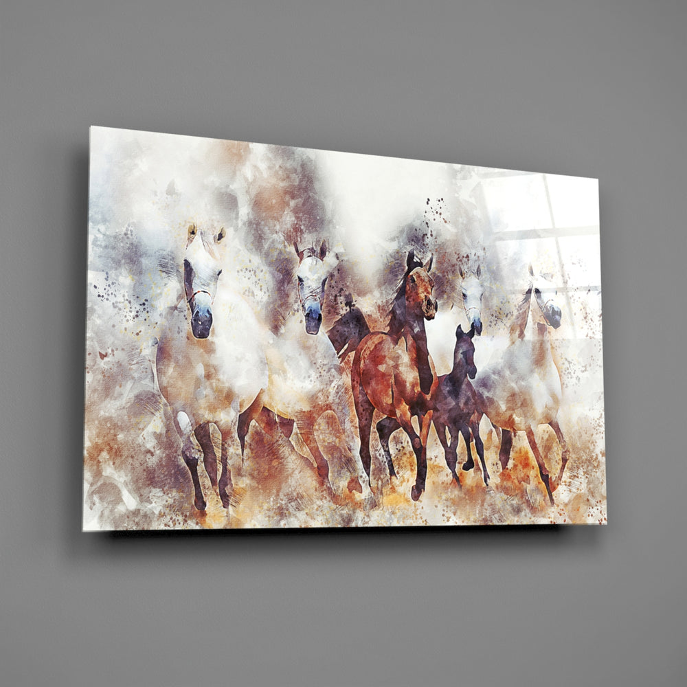 Five-horse watercolor panel bringing kinetic energy to a contemporary living space