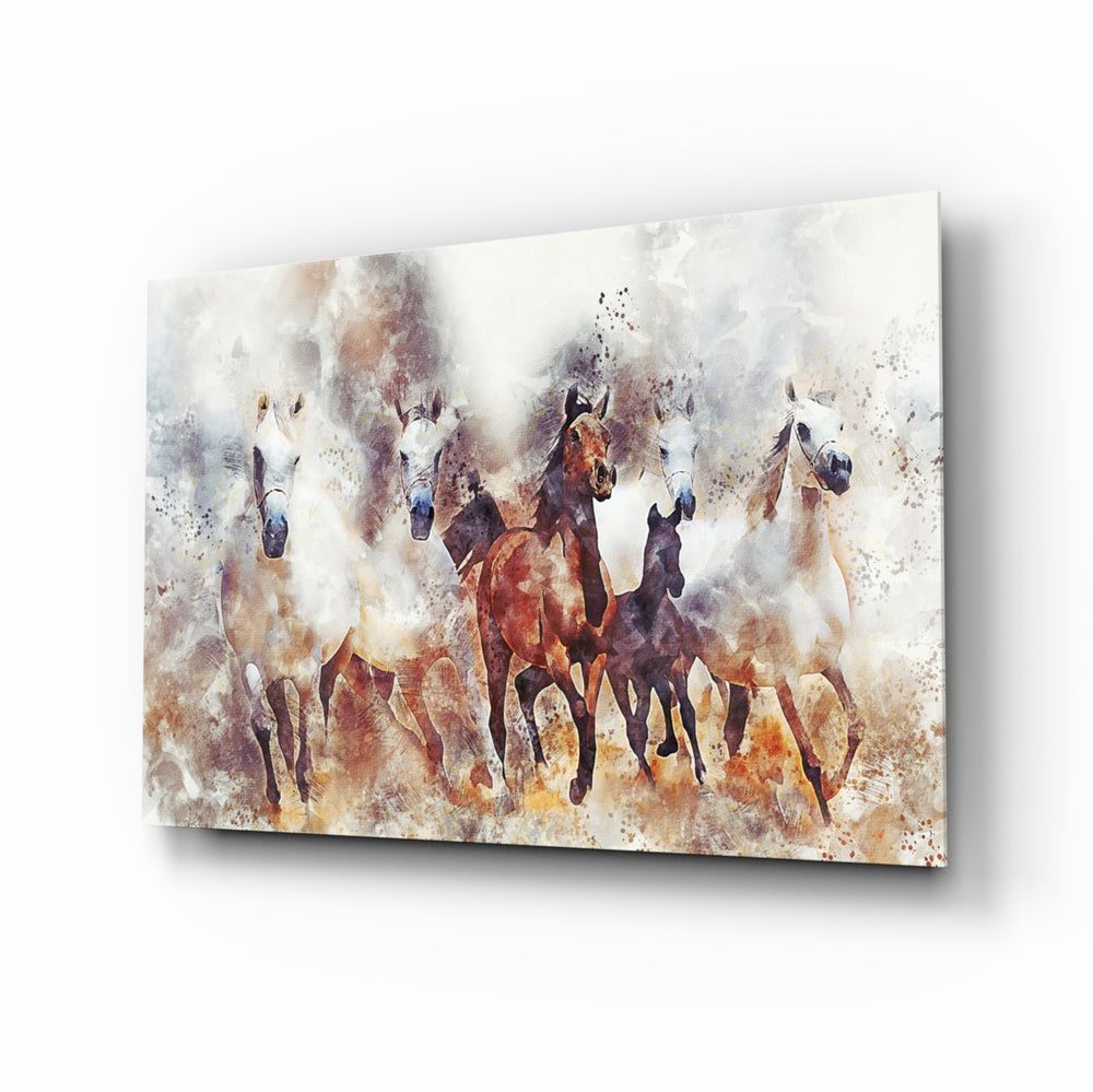 Running Horses glass wall art displayed above a console in a designer interior