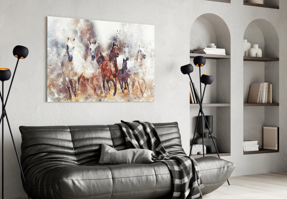 Running Horses glass wall art styled above a sofa in a kinetic living room