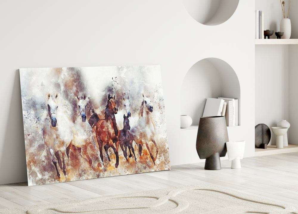 Close-up detail of chestnut-and-cream herd dissolving into watercolor splatter