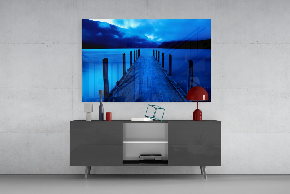 Dock panel catching low light to reveal its blue-hour gradient