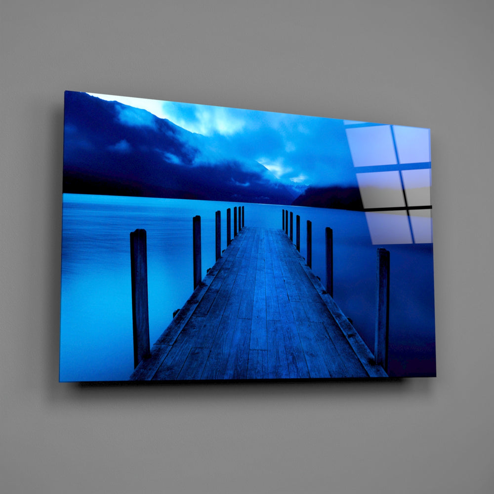 Blue-hour pier panel bringing reflective calm to a contemporary living space