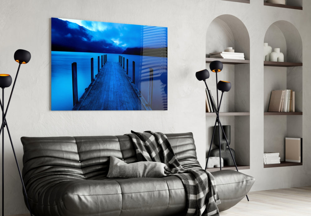Dock glass wall art styled above a desk in a reflective study