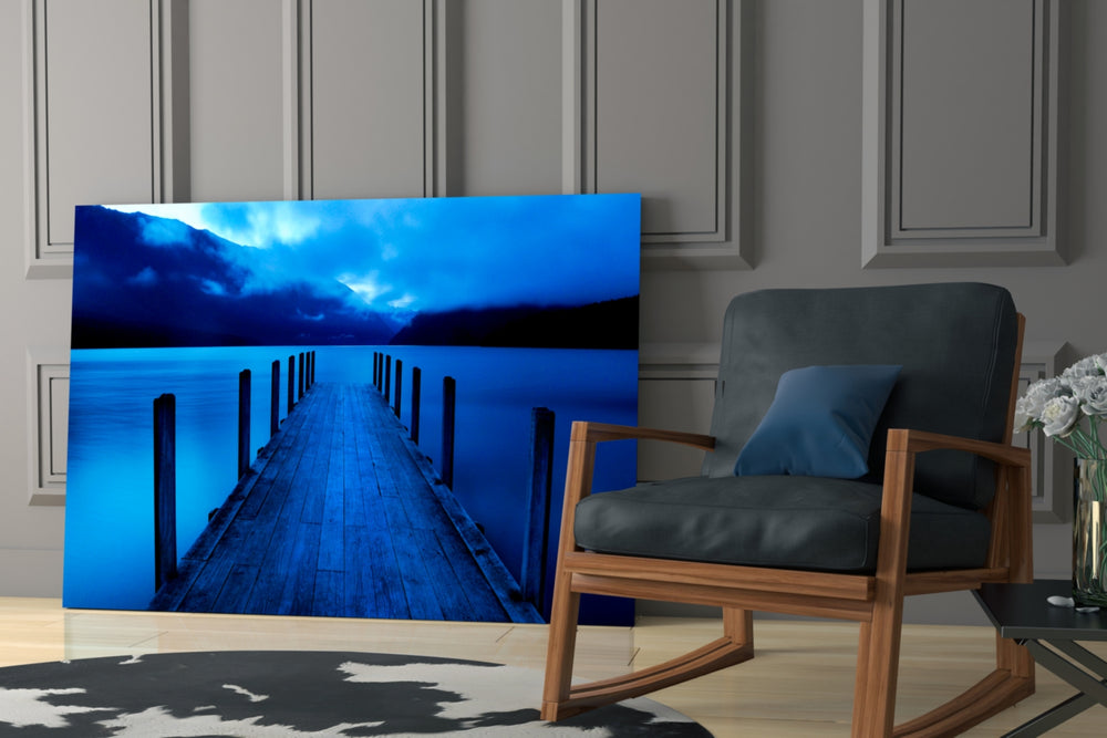 Dock glass print enhancing a hallway with vanishing-point quiet