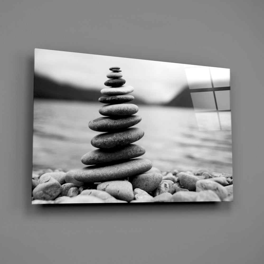 Stone cairn panel bringing zen calm to a contemporary living space