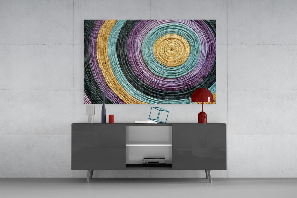 Colored Spiral panel catching daylight to reveal its woven cord