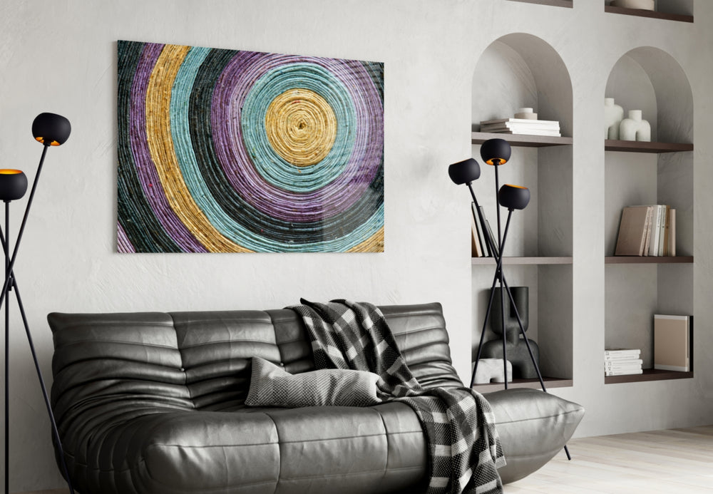 Colored Spiral glass wall art styled in a creative studio