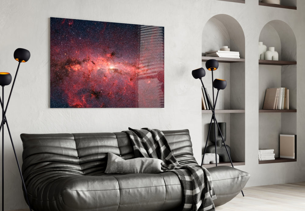 Red Nebula glass wall art styled above a desk in an imaginative study