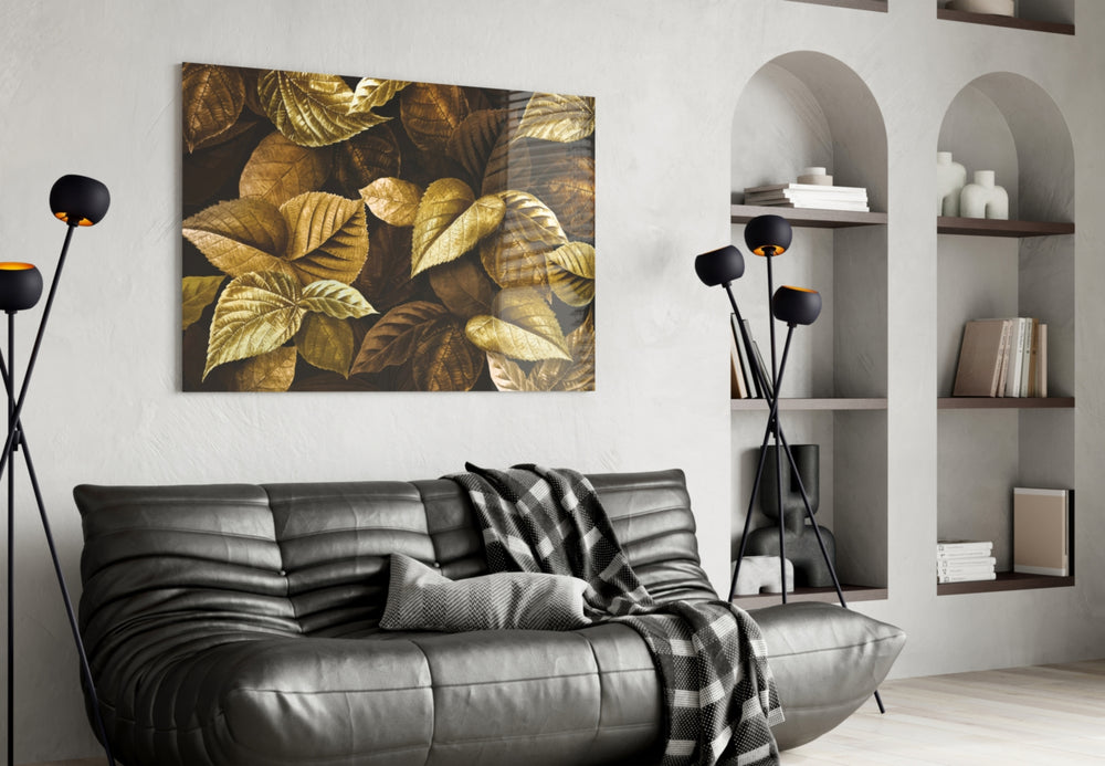 Yellow Leaf glass wall art styled above a sideboard in a dining room