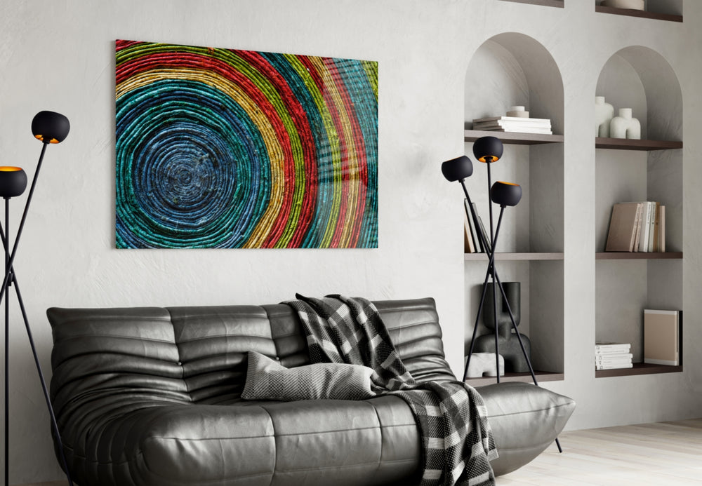 Colored Spiral glass wall art styled in a creative studio