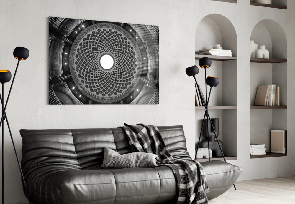 Dome glass wall art styled above a desk in an architectural-focus study
