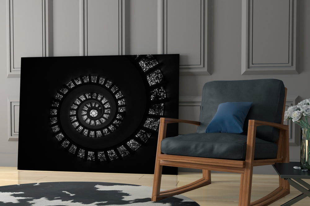 Spiral Stairs glass print enhancing a hallway with cathedral drama