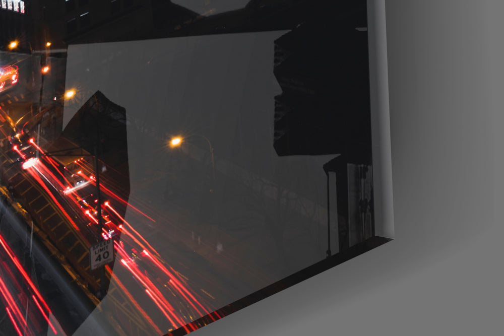 City Landscape artwork anchoring a hallway with after-dark energy